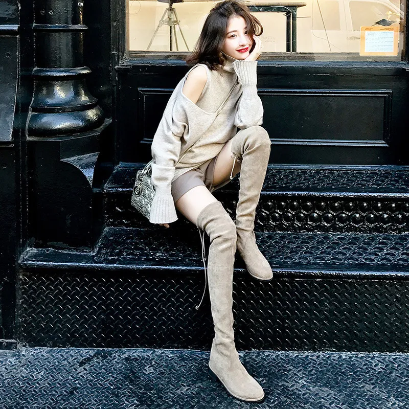 Overknee Stiefel Für Damen Aus Wildleder Mit Elastischer Sohle_voghion.com
