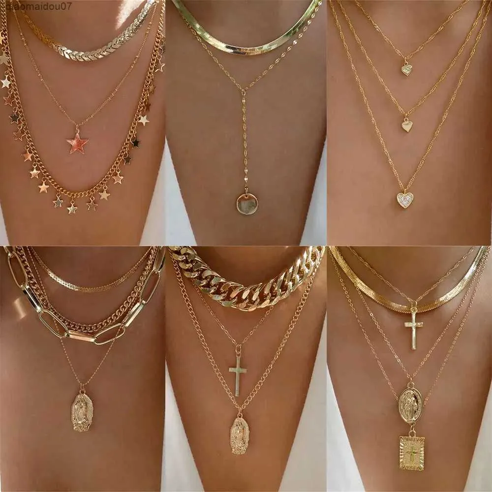 Colliers pendentifs Bls miroir en or en forme de cœur adapté aux femmes à la mode collier pendentif multicouche ensemble de bijoux_voghion.com