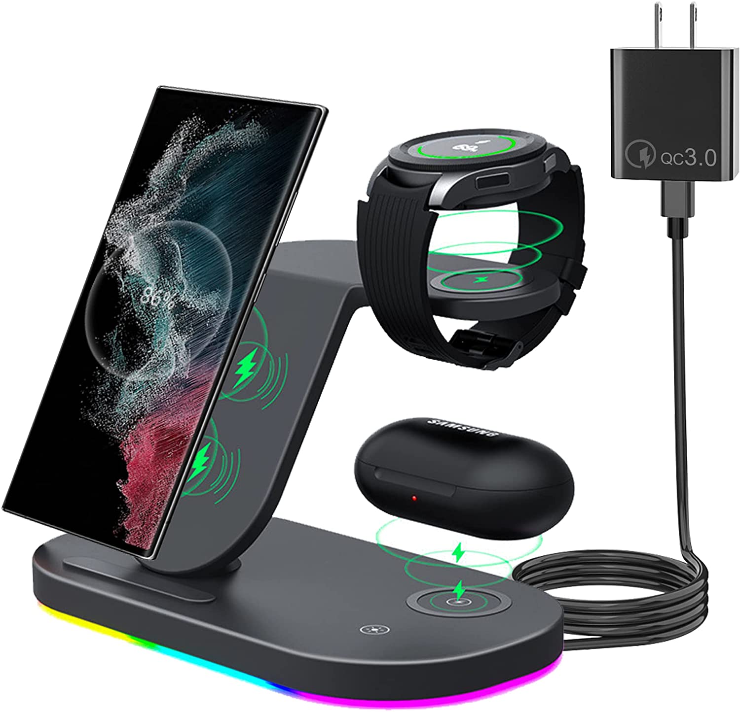 3 an 1 Kabellos Ladestatioun fir Samsung S23/S22/S21/S20/ Schnellladung fir Galaxy Watch5Pro4 3 Classic Active 2 LTE Buds Pro_voghion.com