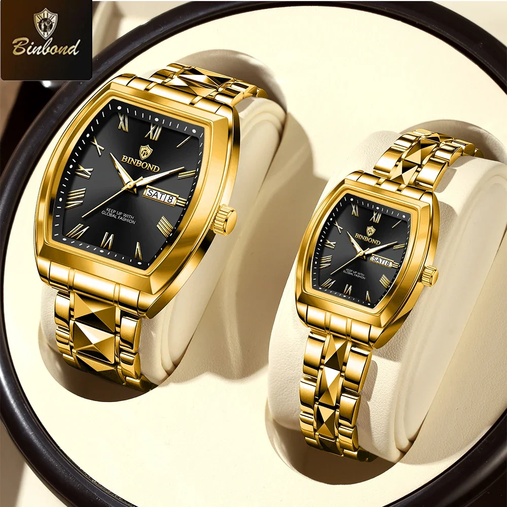 Couple Square Quartz Watch Set Luminous Waterproof Date Display_voghion.com
