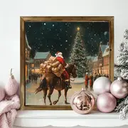 Tablou de perete din lemn cu Moș Crăciun cowboy de 20x20 cm - Moș Crăciun festiv din vest, cal călare sub stele. Decor unic de Crăciun, în stil rustic._voghion.com