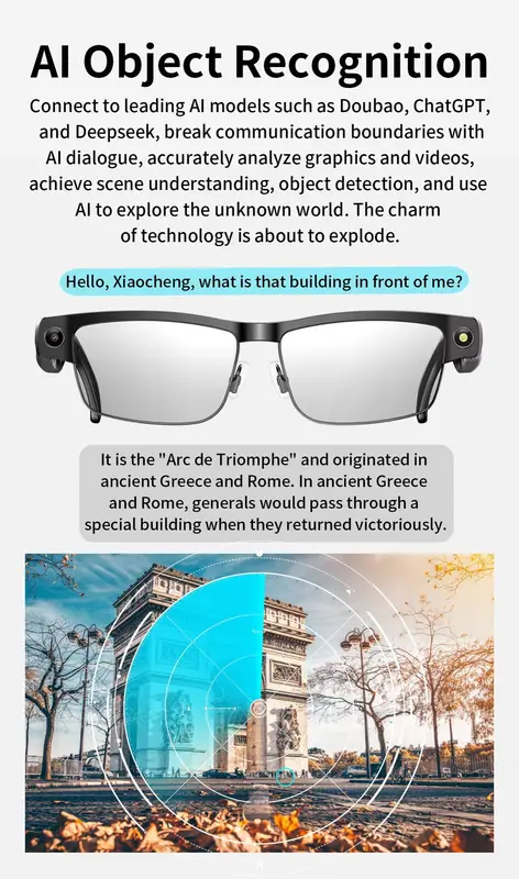 Occhiali intelligenti con fotocamera, registrazione video, chiamate BT, riproduzione musicale, occhiali intelligenti, riconoscimento oggetti, assistente vocale, occhiali da sole_voghion.com