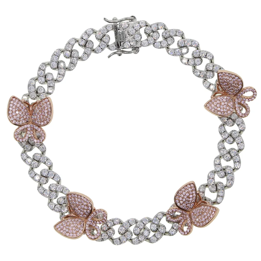 gül gümüş rengi cz küba bacak zinciri moda kadın bling buzlu bağlantı pembe kelebek bilezik takı_voghion.com