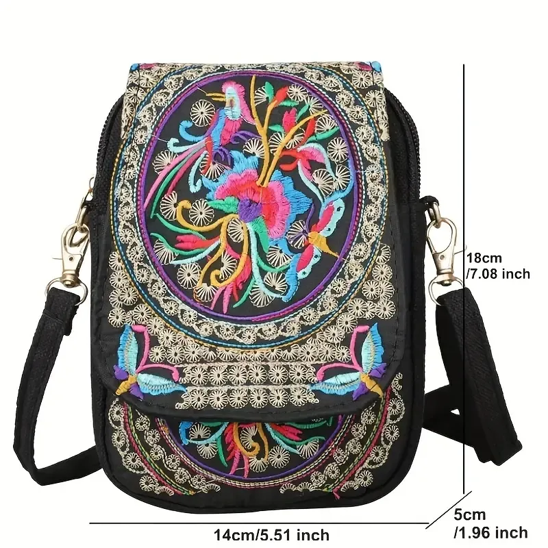 Pochette de voyage à bandoulière pour femme, sac à bandoulière vintage à fleurs avec fermeture éclair et broderie pour téléphone portable, petit sac à main_voghion.com