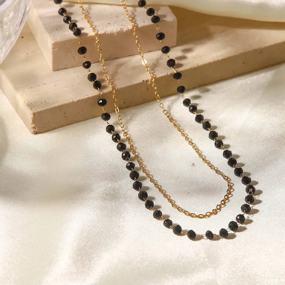 Lanțuri stil boho din oțel inoxidabil cu mărgele negre și piatră de sticlă dublă colier felie accesorii pentru femei_voghion.com
