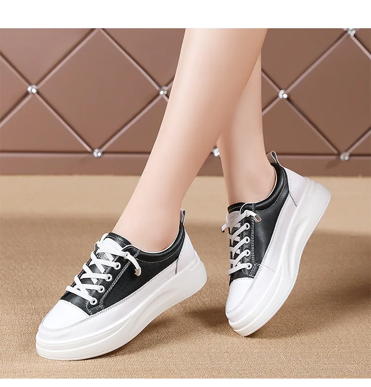 Γνήσιο Δερμάτινο Γυναικείο Κορεατικό Μικρό Λευκό Άνοιξη-Καλοκαίρι Σφουγγάρι Κέικ με Χοντρές Σόλες και Δαντέλα Αθλητικά Παπούτσια_voghion.com