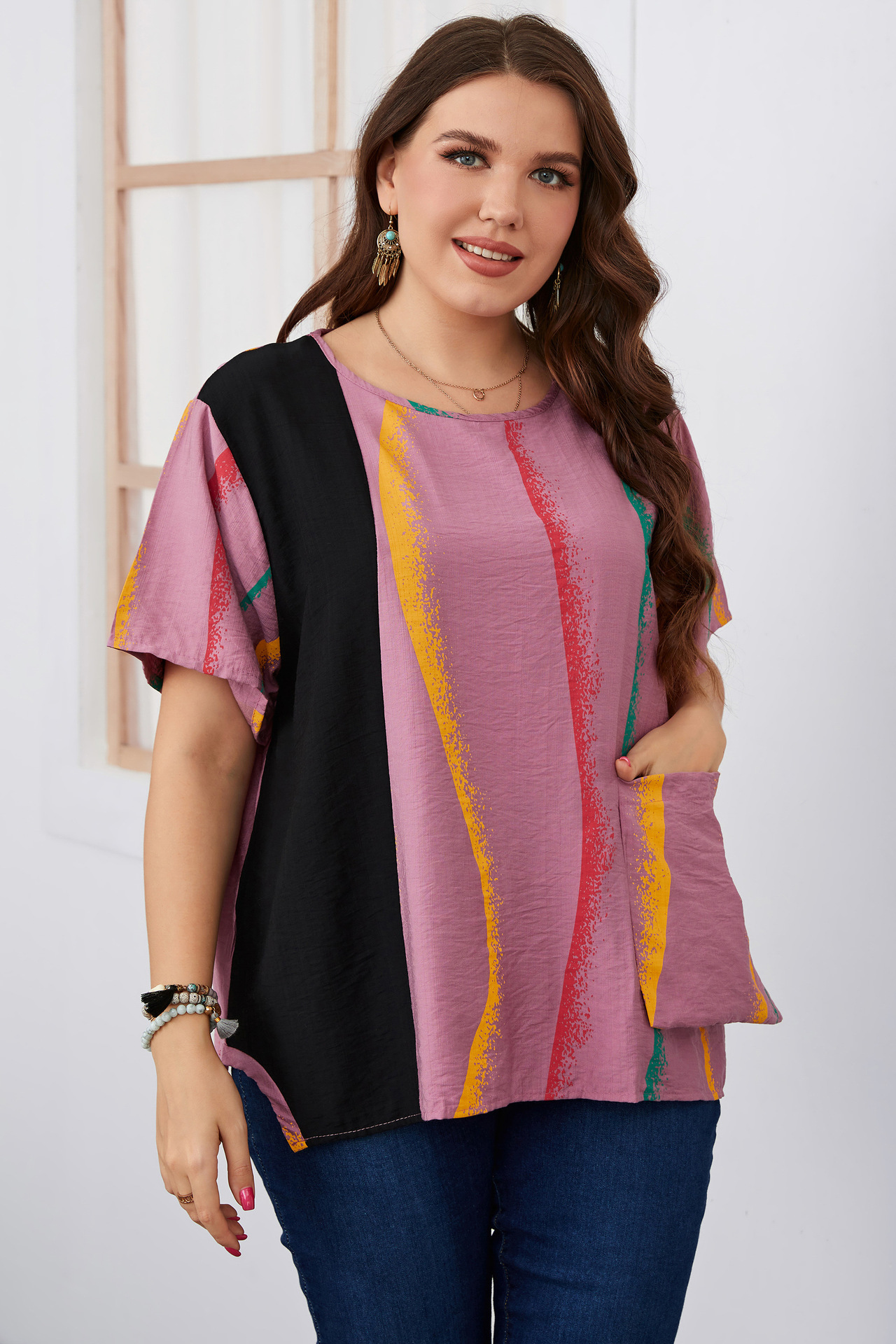 Women's striped contrast color large size women's shirt slim round neck women's clothing_voghion.com