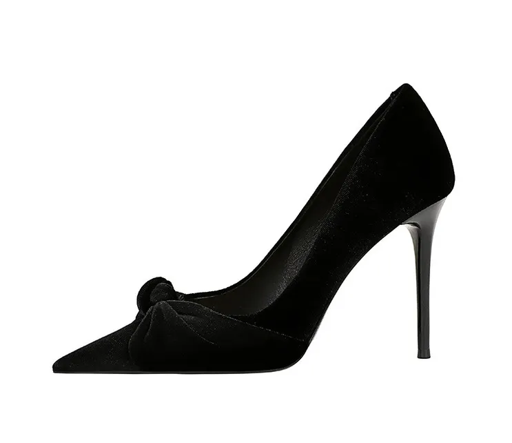 Women's Suede Pointed Toe Bow High Heels For Evening Banquet_voghion.com