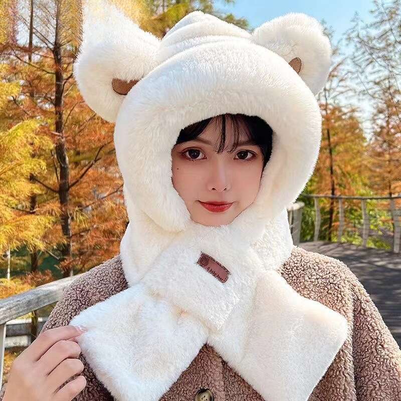 Gorro de osito de peluche, bufanda de una pieza para mujer, bonito gorro de invierno para montar a caballo, cálido con orejeras de felpa._voghion.com