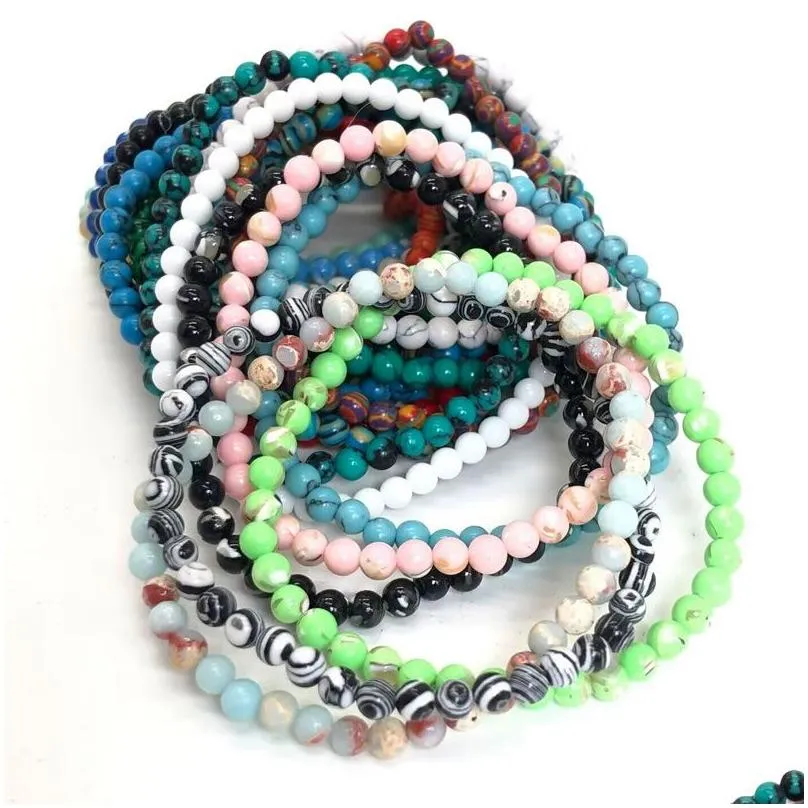 Ketten 4mm Chakra Perlen Energiearmband Natürliche runde Türkis Malachit Stein Stretch Armreifen für Frauen Männer Handgefertigt_voghion.com