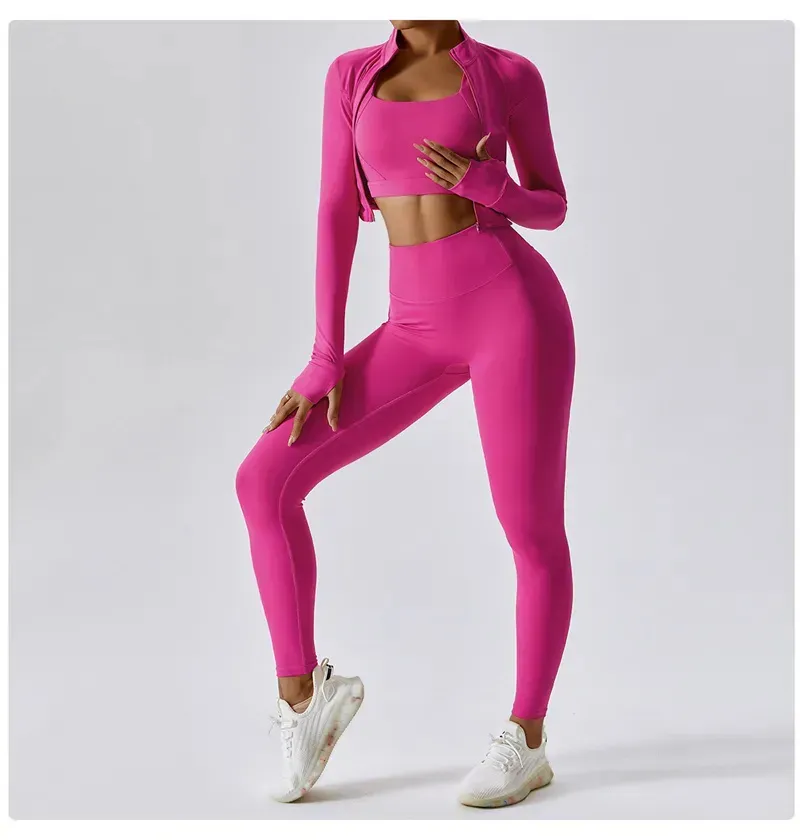 5A Gold Jacke Hosen Frauen definieren Workout drei Stücke zwei Sets Sport Quick Dry Active Wear Luluess Lemoness Jacken Top_voghion.com