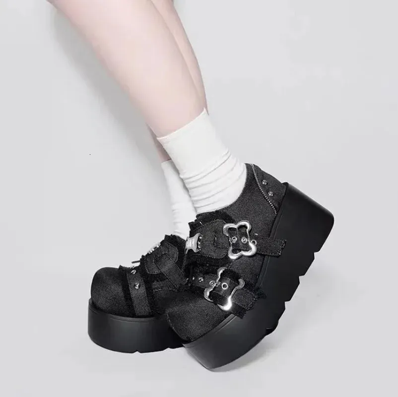 Punk Metal Chain Chunky Platform Ankle Women Winter Y2K Thick Bottom Denim Boots Woman Black Gothic Lolita Shoes 240627_voghion.com