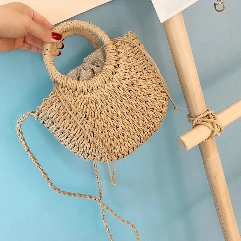 Half-round Rattan Shoulder Bag Large Capacity Summer Beach Tote_voghion.com