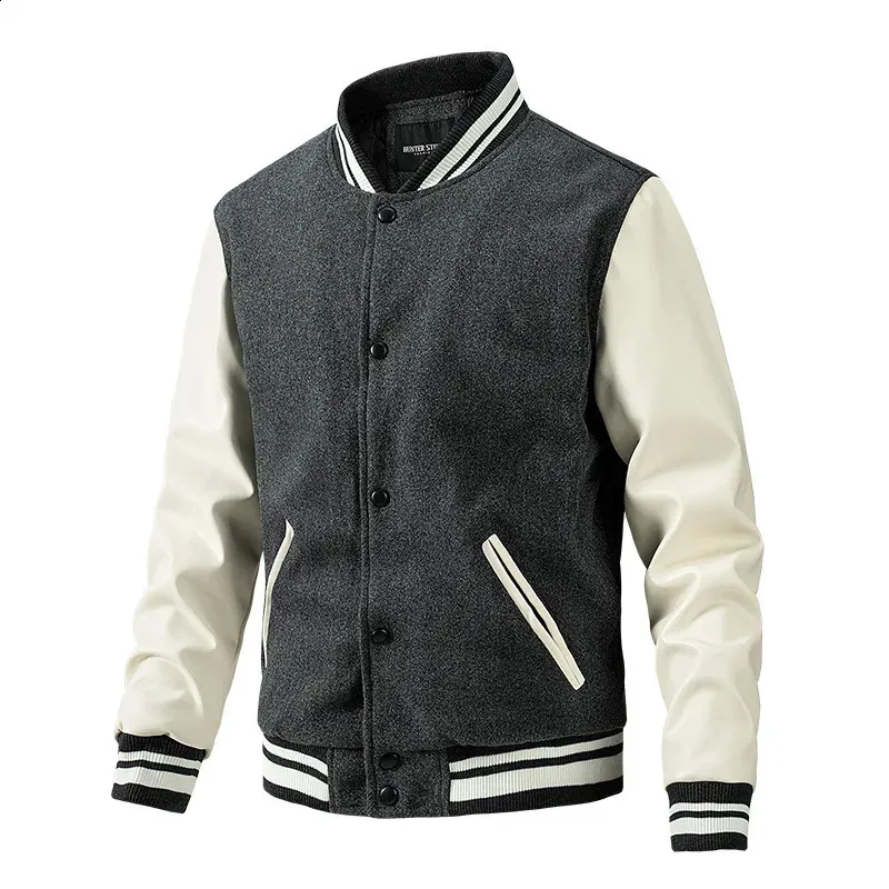 Herren Lederärmel Baseball Varsity Wolle College Jacke Casual Letterman Mantel Grün Grau Marineblau Schwarz 2024_voghion.com