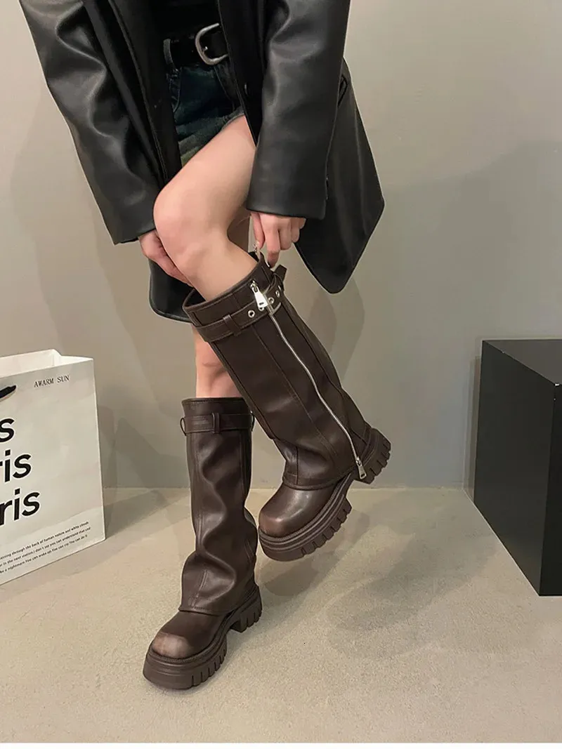 Damenmode Stiefel Winter Biker Gürtelschnalle Damen Elegante Plattform Lange Rohr Casual Damen Kniehohe Booties 2_voghion.com