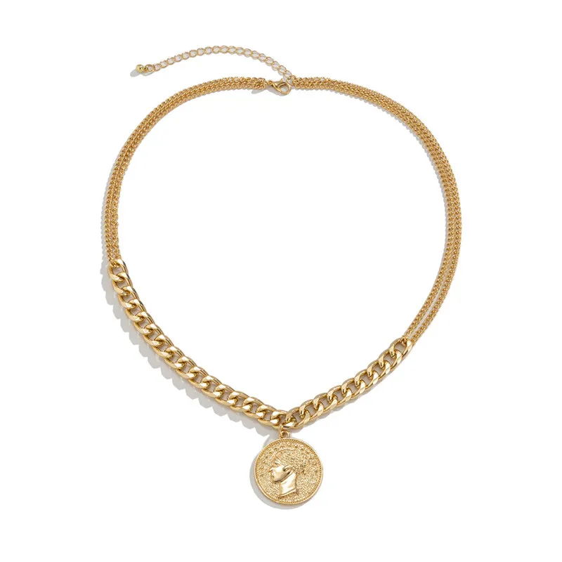 Anheng Halskjeder Punk Gull Sier Farge Utskåret Portrett Halskjede For Kvinner Jente Metall Chunky Chain Choker Fest Smykker_voghion.com