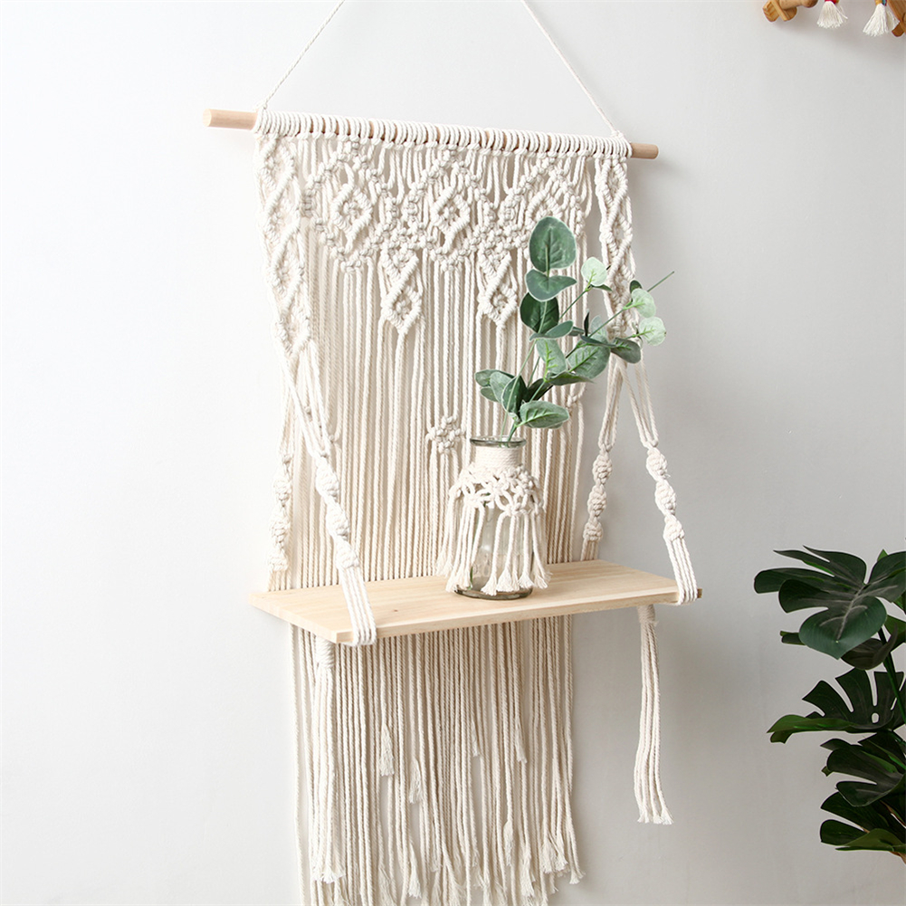 Tapiserie de perete suspendată din macrame boemă, țesută manual, cu ciucuri, raft plutitor din lemn, artă de perete pentru plante, ghiveci de flori, decor boho_voghion.com