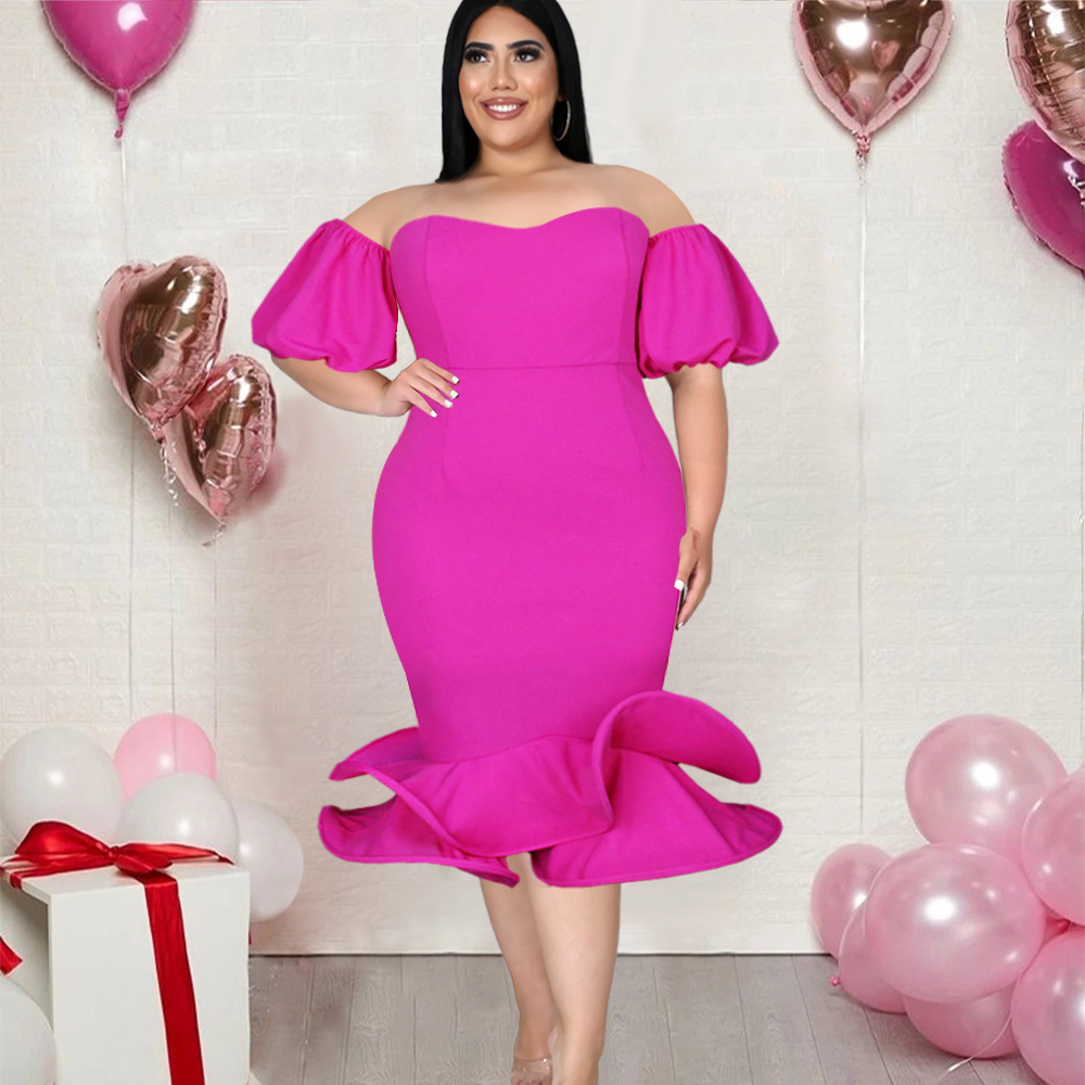Women's Clothing Solid Color Tube Top Mermaid Tail Sexy Off-the-shoulder Short Puff Sleeve Bodysuit Ruffle Midi Dress_ecoleips.com