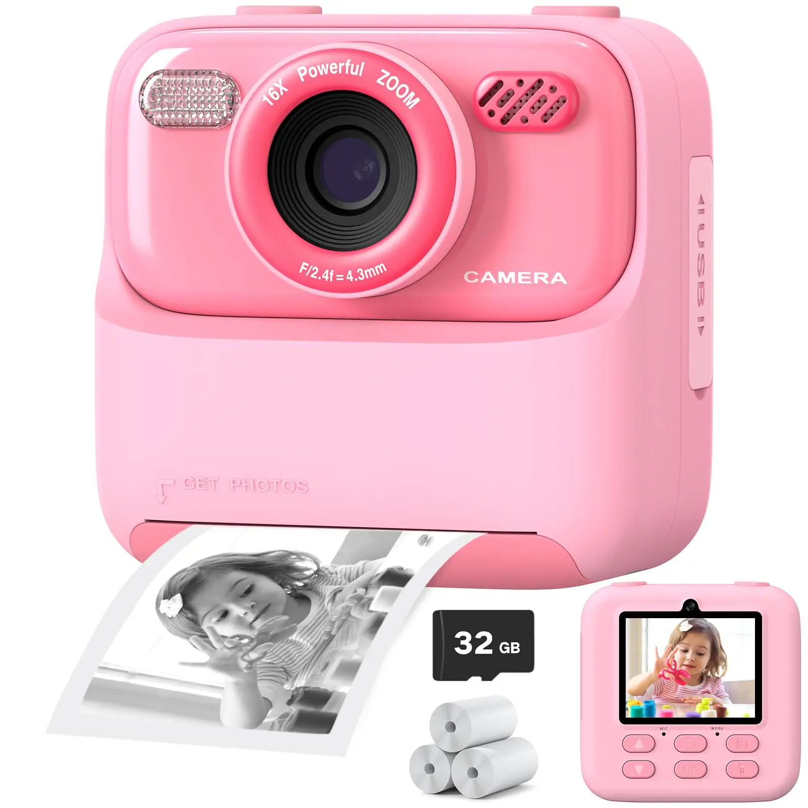 Sofortbildkamera für Kinder, 1080p HD, Dual-Objektiv, Selfie-Digitalkamera für Mädchen und Jungen, Weihnachts- und Geburtstagsgeschenk, mit 32 GB Druck_voghion.com