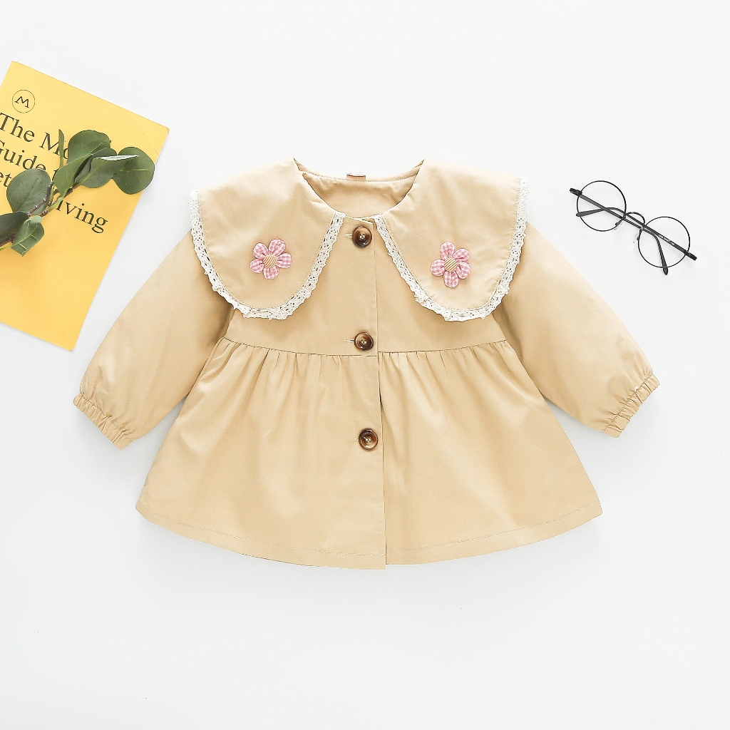 Manteau pour bébé fille, couleur unie, col de poupée à fleurs, coupe-vent, vêtements pour bébé_voghion.com