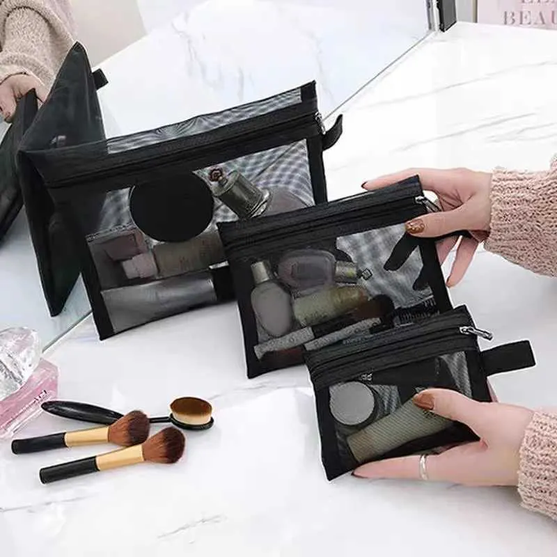 1/3 pezzo nero rete portatile da viaggio organizer per toilette rossetto portaoggetti borsa trasparente per il trucco S/M/L_voghion.com