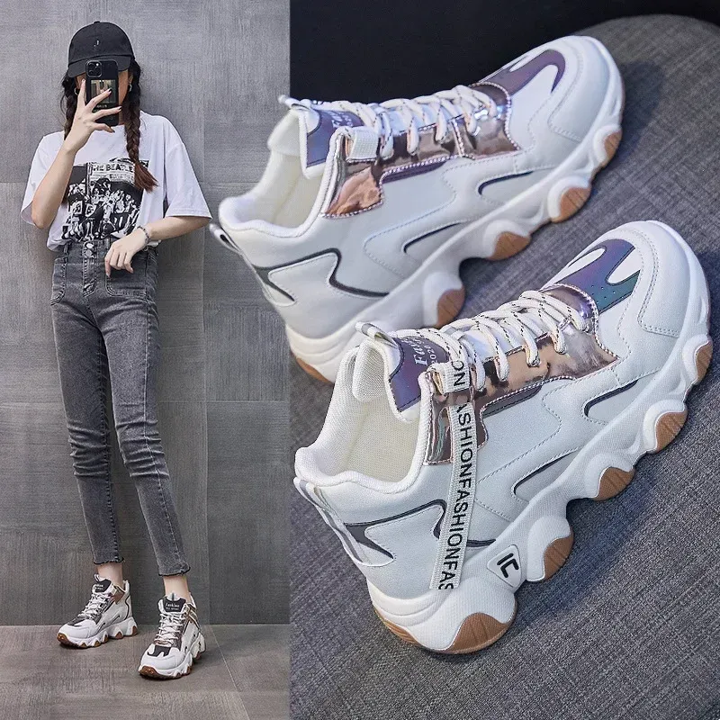 Damskie codzienne sznurowane buty damskie 2023 Wiosna Nowe Gruba podeszwa Antypoślizgowe buty damskie Wodoodporne kolorowe trampki Chunky_voghion.com