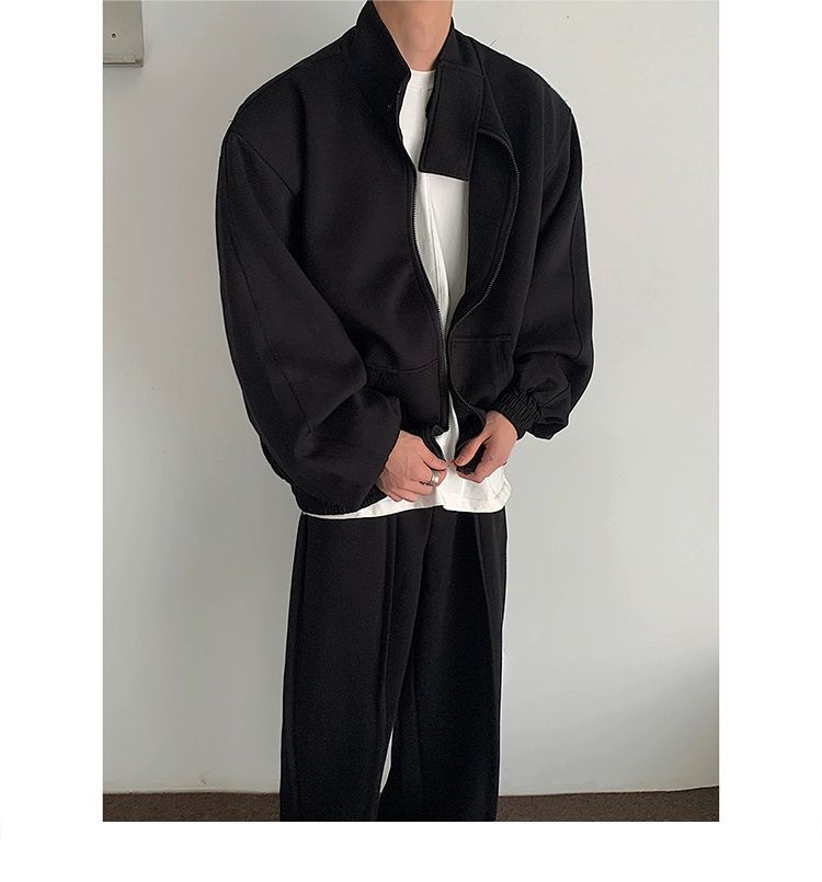 Vêtements pour hommes, col montant ample, épaulettes, cardigan, sweat-shirt, veste, costume de sport décontracté pour hommes, pantalon de survêtement ample, ensemble tendance deux pièces_voghion.com