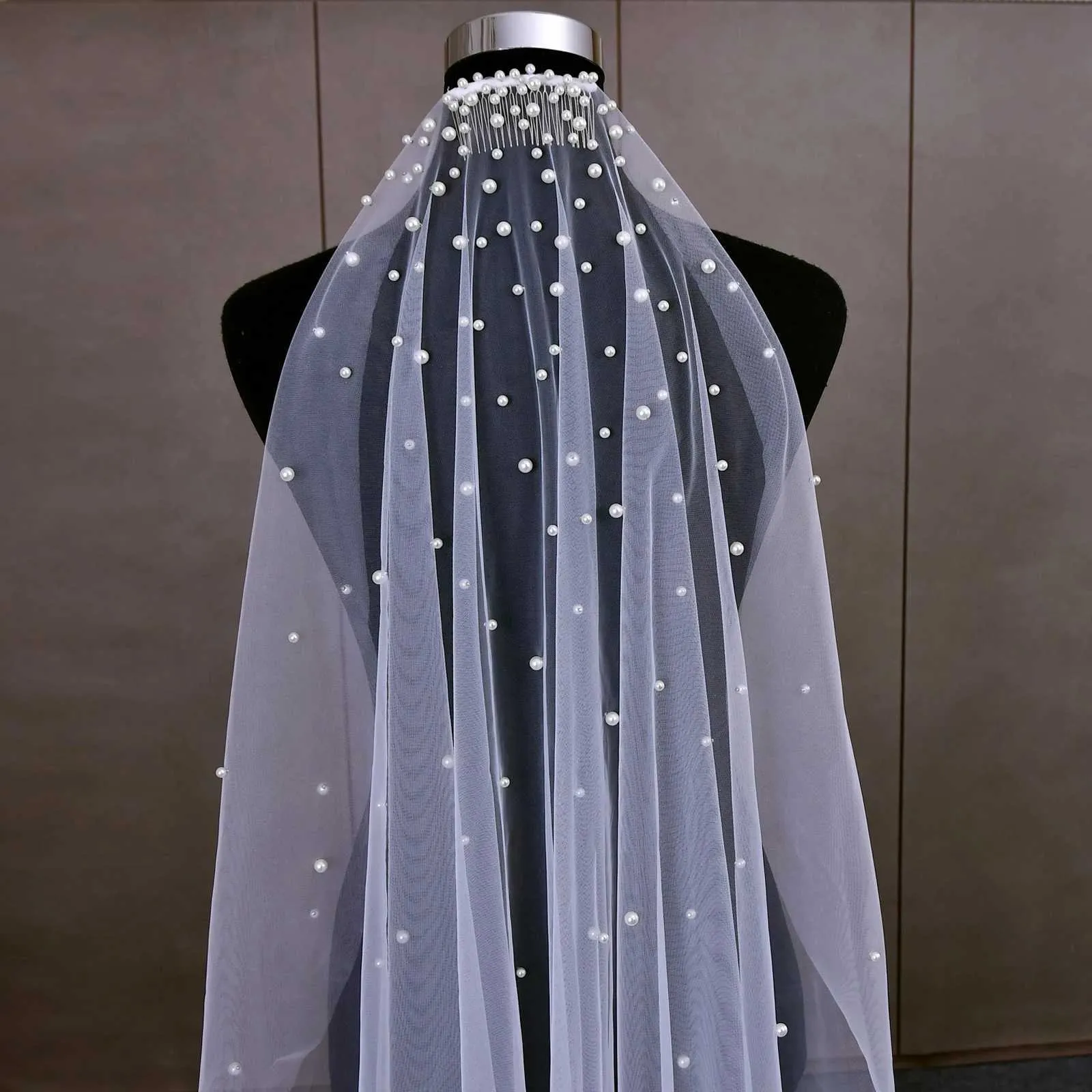 Voile de mariée à un niveau, perles, dégradé, accessoires pour cheveux, mantille de mariage pour église, V180_voghion.com