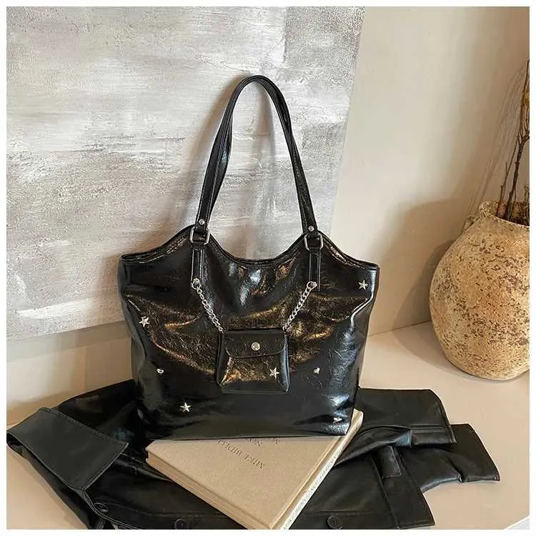 Sacs à bandoulière en cuir PU solide pour femmes, sacs de loisirs de grande capacité pour les déplacements féminins, sacs sous les bras avec étoiles et appliques, poignée_voghion.com