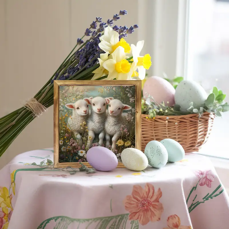 Panneau en bois vintage 8 x 8 pouces avec agneaux et fleurs – Décoration murale rustique encadrée pour cuisine, chambre, bureau – Cadeau idéal pour Pâques ou une pendaison de crémaillère_voghion.com