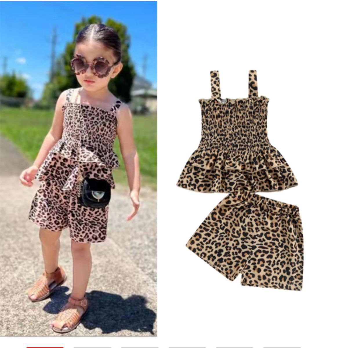 Ensemble licou d'été pour mère et enfant, ensemble deux pièces à volants, imprimé léopard, à la mode, pour filles et enfants_voghion.com