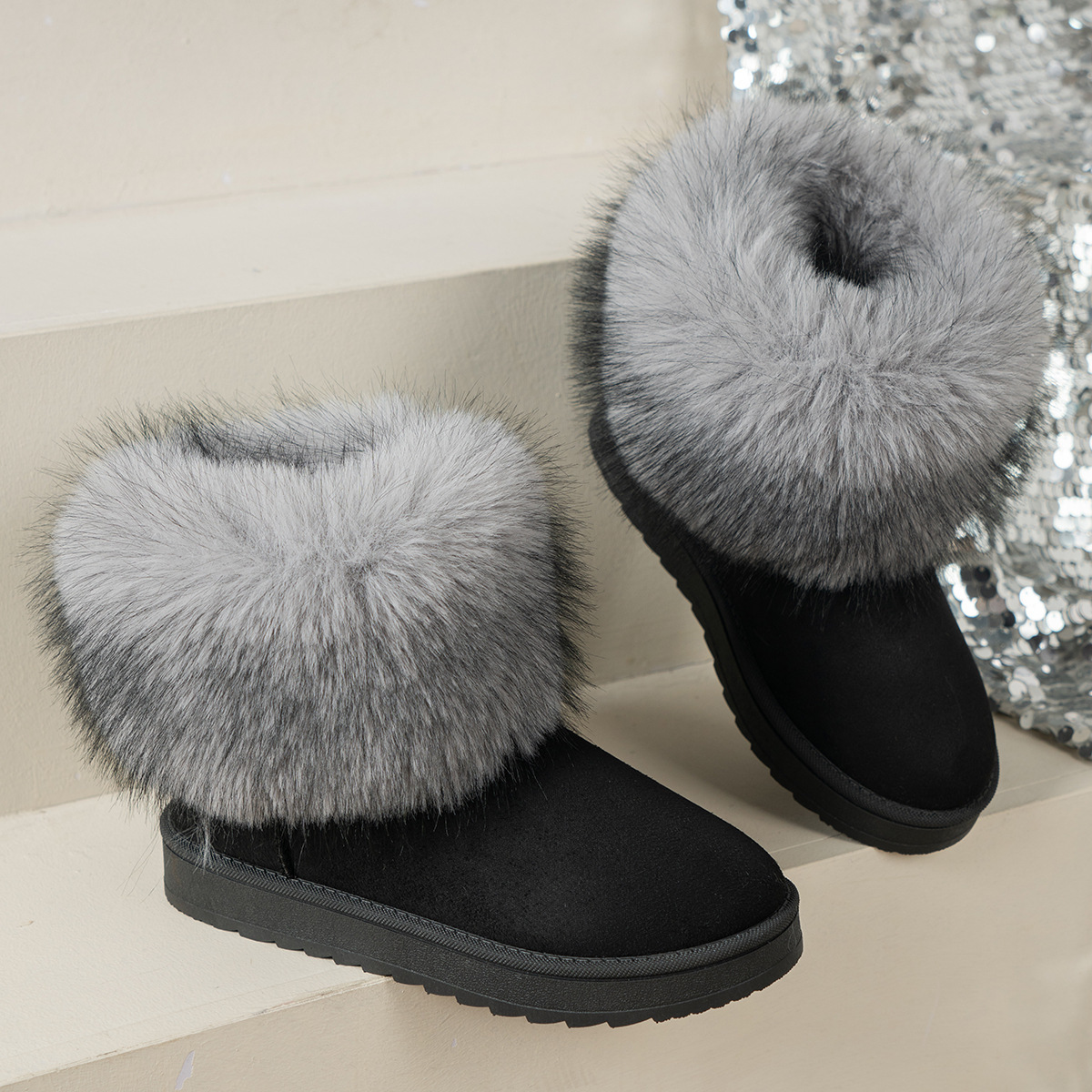 Large Size Snow Boots, Women's Cotton Shoes With Thick Fleece, Casual And Warm Fur Boots For External Wear