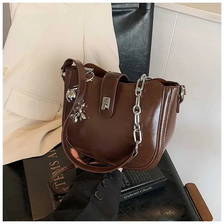 Borsa a secchiello Bury da donna, solida, alla moda, in pelle PU, con tracolla, versatile, per il tempo libero, con catena, semicerchio_voghion.com