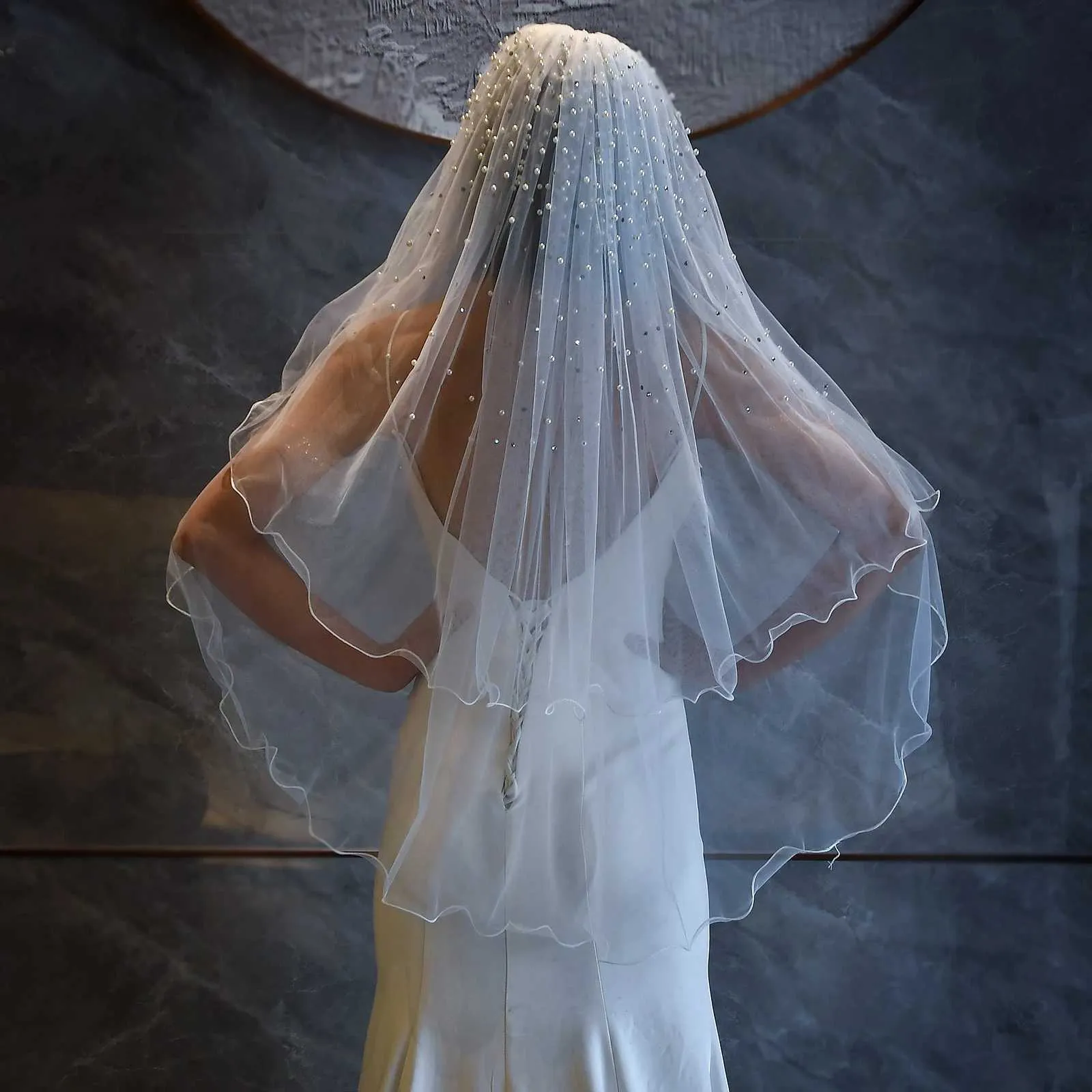 Hair Jewelry MZA32 2 Tier Veil With Blusher Pearls Bridal Veils Elbow Length Wave Pencil Edge Soft Wedding Accessories_voghion.com