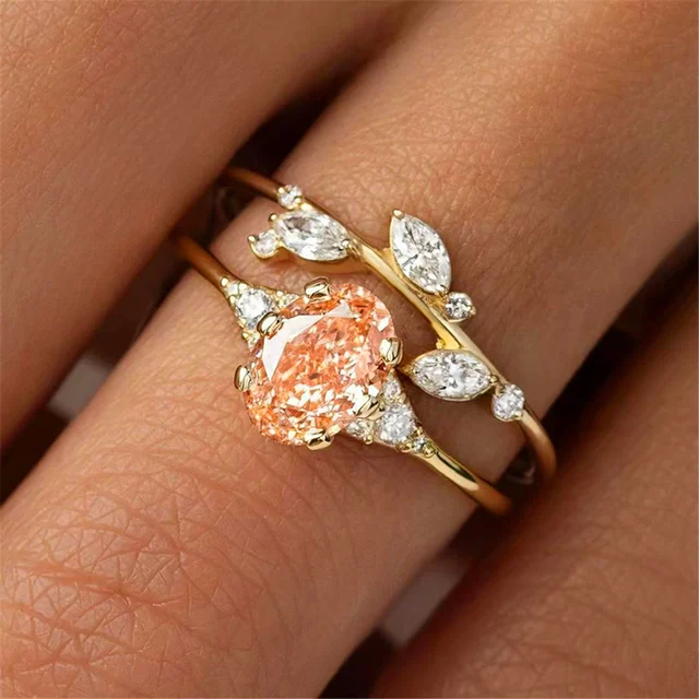 Lot de 2 bagues de mariage ovales en zircone champagne pour femme, bijoux de couleur or, breloques empilables, promesses de fiançailles_voghion.com