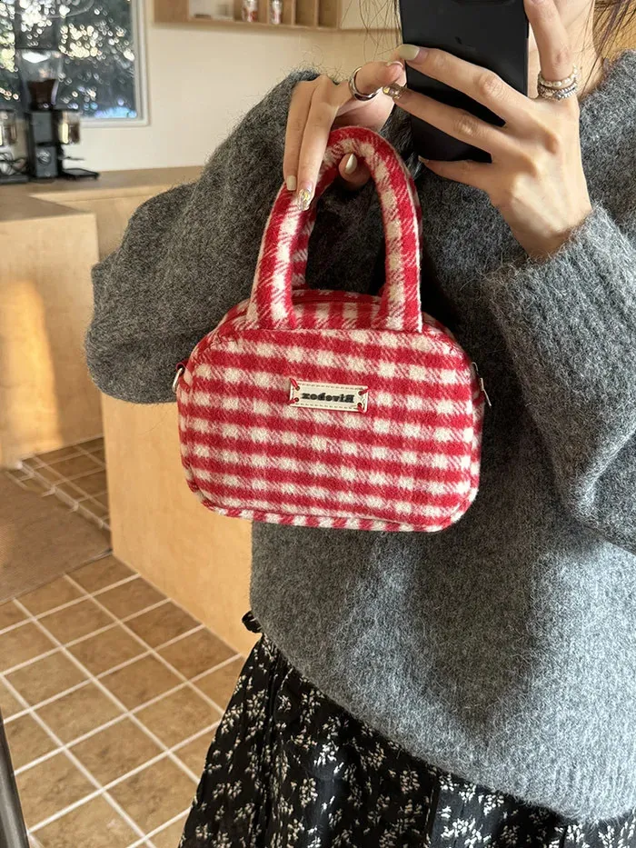 Xiuya Vintage Süße Handtasche für Damen Rot Kariert Buchstaben Weiche Kawaii Crossbody Herbst Winter Schultertasche 240816_voghion.com