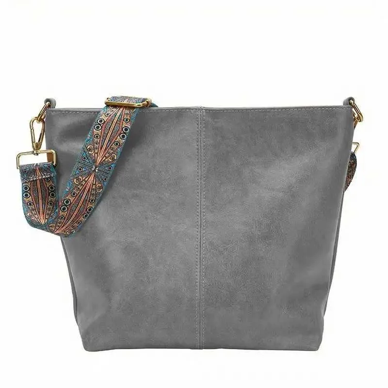 Borsa a tracolla vintage tinta unita in pelle PU da donna alla moda, con tracolla larga e semplice, a secchiello, a tracolla Ba241216_voghion.com