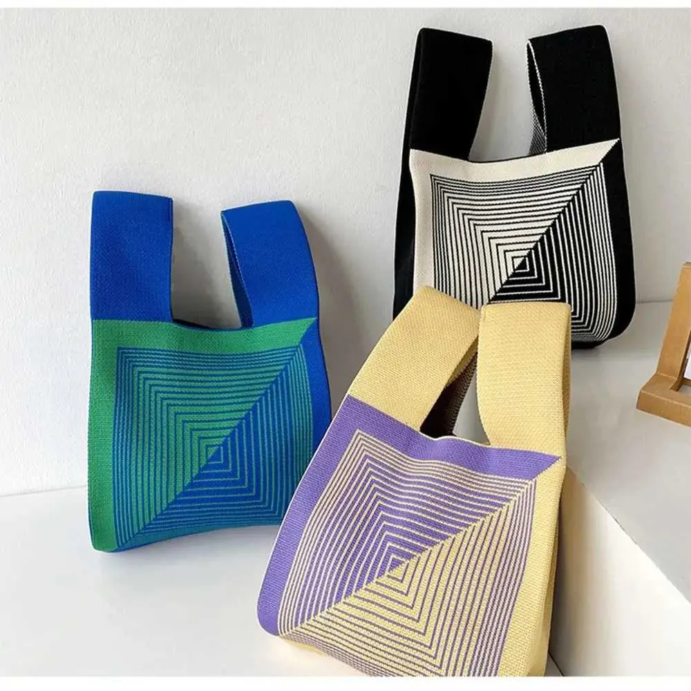 Leisure colored plain weave hand knitted tote reusable shopping bag Y241106_voghion.com