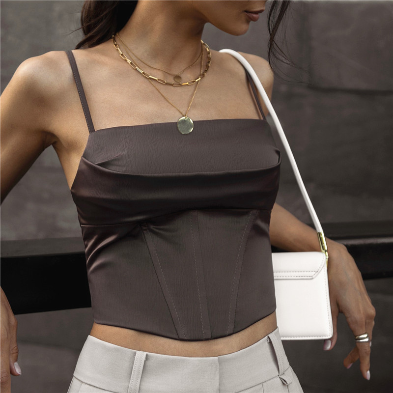 Damenmode 2024 Spicy Girl Satin Fischgrätenspitze Offener Nabel Hängender Unterteil Tank Top für Frauen_voghion.com