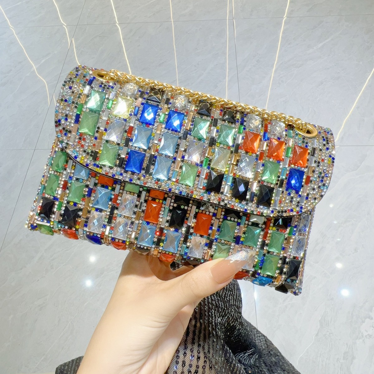 Nuevo vestido de noche de cristal brillante, bolso de mano de alta sociedad con diamantes de imitación debajo del brazo, bolso bandolera, bolso de cena