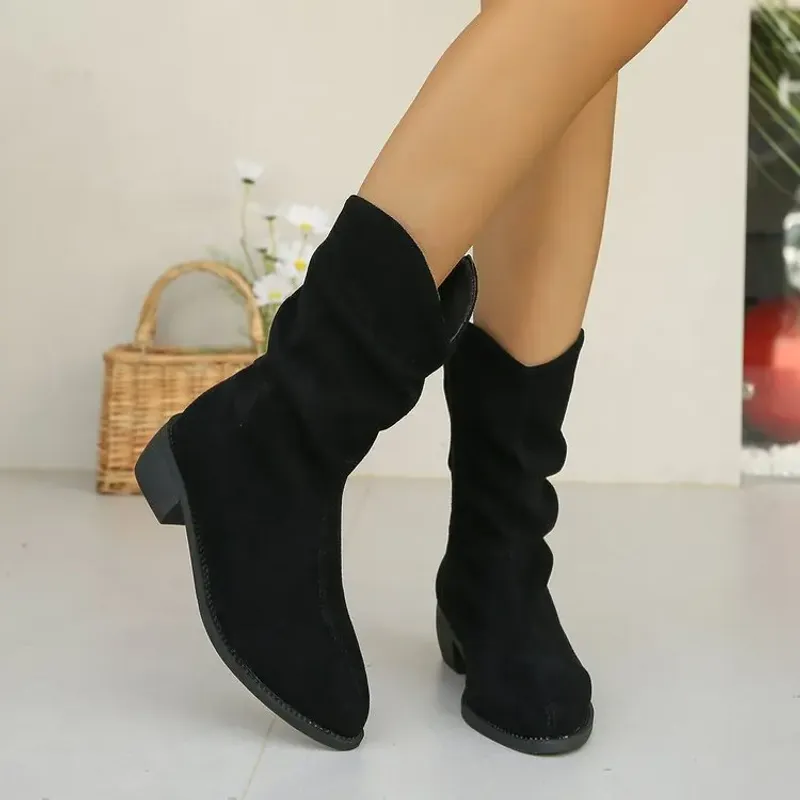 Retro Women Western Cowgirl Fashion Pointed Toe Shoes Autumn Winter Low Heel Ladies Knight Mid Calf Boots Botas De Mujer_voghion.com