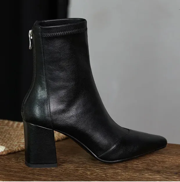 Vintage Dicke Frauen Stiefeletten Heels Boot Mode Spitzschuh Reißverschluss Winter Damenschuhe Leder Braun Kurze Booties_voghion.com