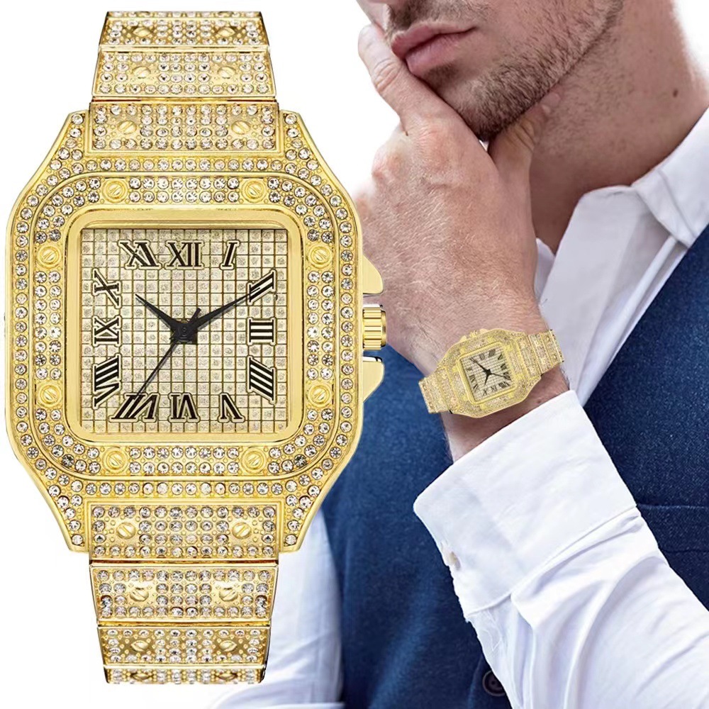 Montre carrée à quartz pour homme avec bracelet en acier et étoile du ciel incrustée de diamants, style européen et américain, à échelle romaine_voghion.com