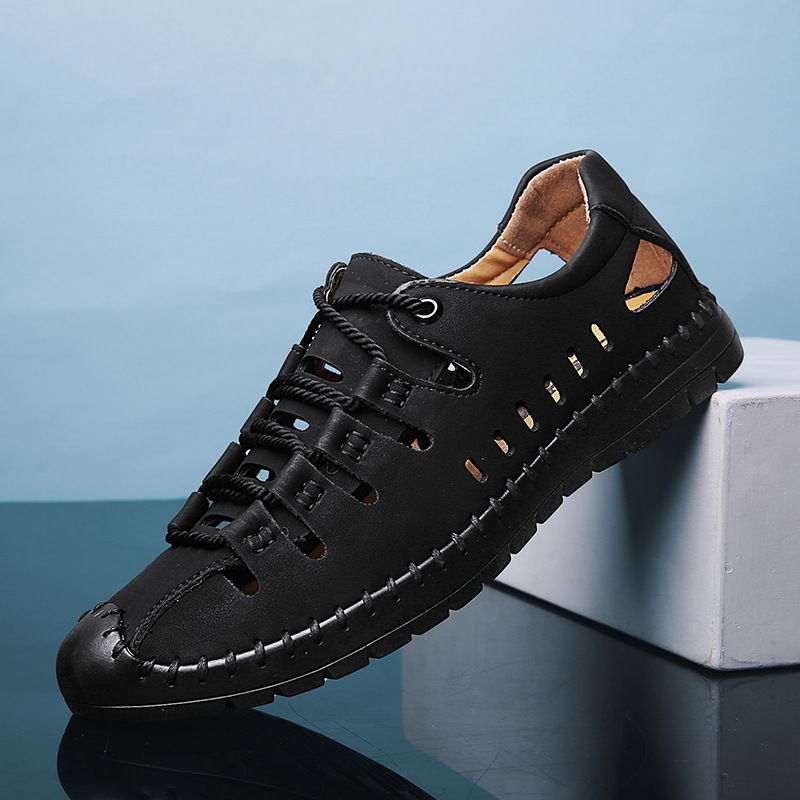 Sommer nye herresandaler, udendørs strand håndlavede hule åndbare fritidssko med hul, snørebånd indpakkede lædersko_voghion.com