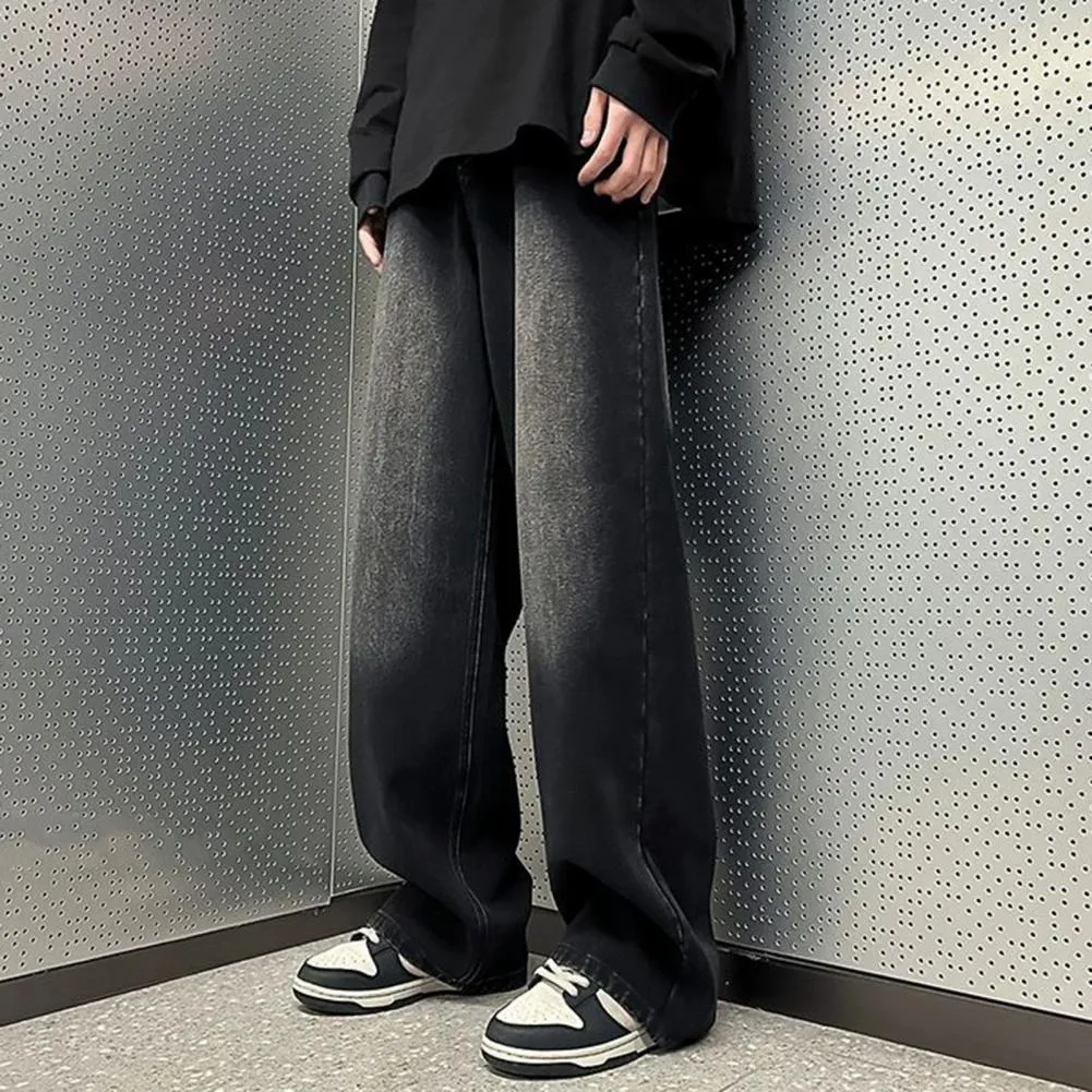 Men's Jeans Men Retro Washed Blue Hop Denim Trousers With Gradient Contrast Color Wide Leg Pockets High Street Style For_voghion.com