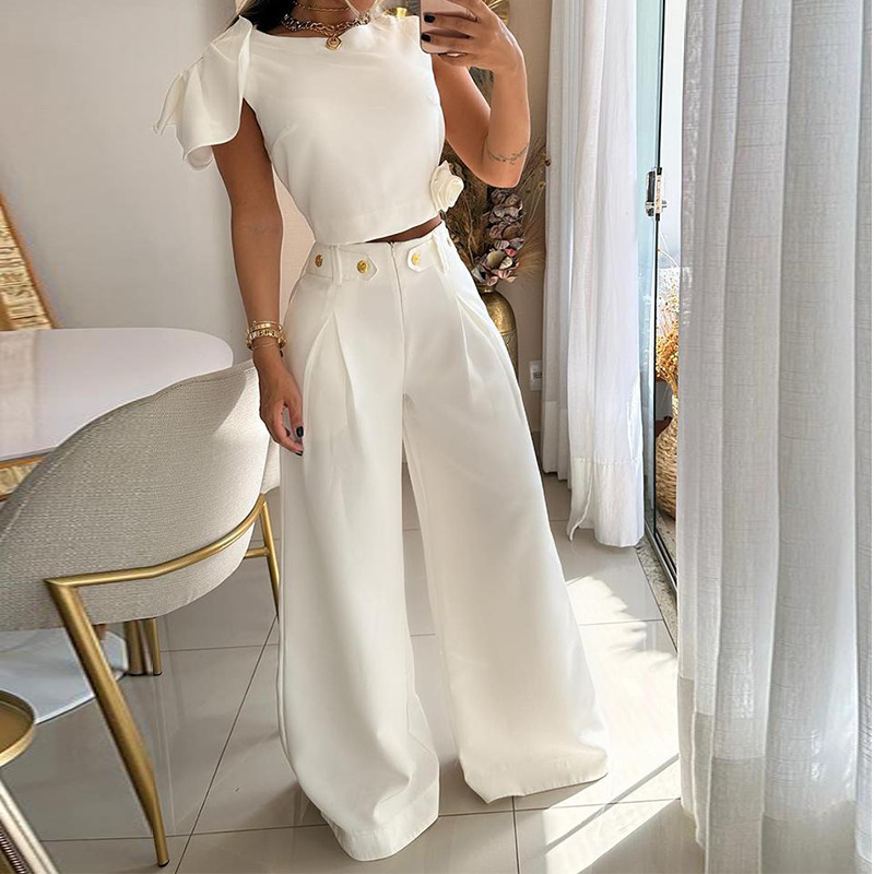 Traje de pantalón de talle alto con mangas de pétalos y una sola pieza de color liso a la moda para mujer