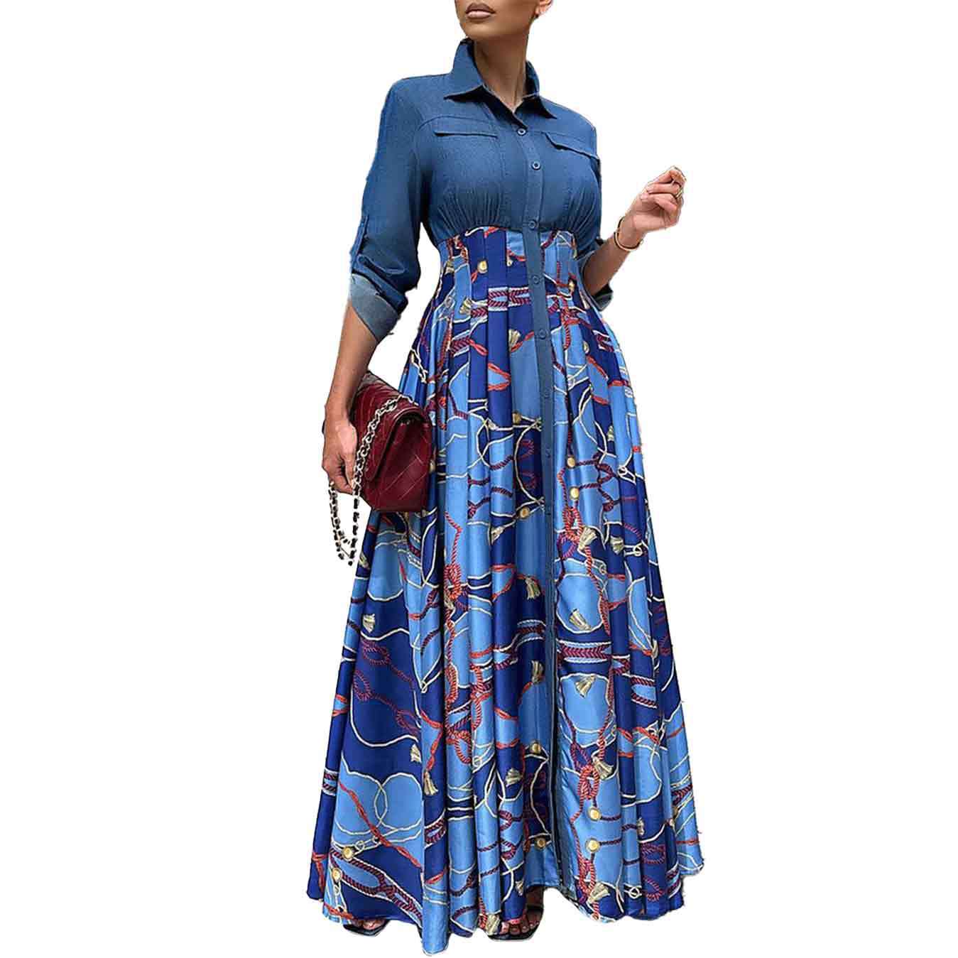 C8551 sonbahar ve kış yeni büyük boy kadın moda rahat denim ekleme baskılı uzun etek büyük salıncak dış ticaret elbise_voghion.com