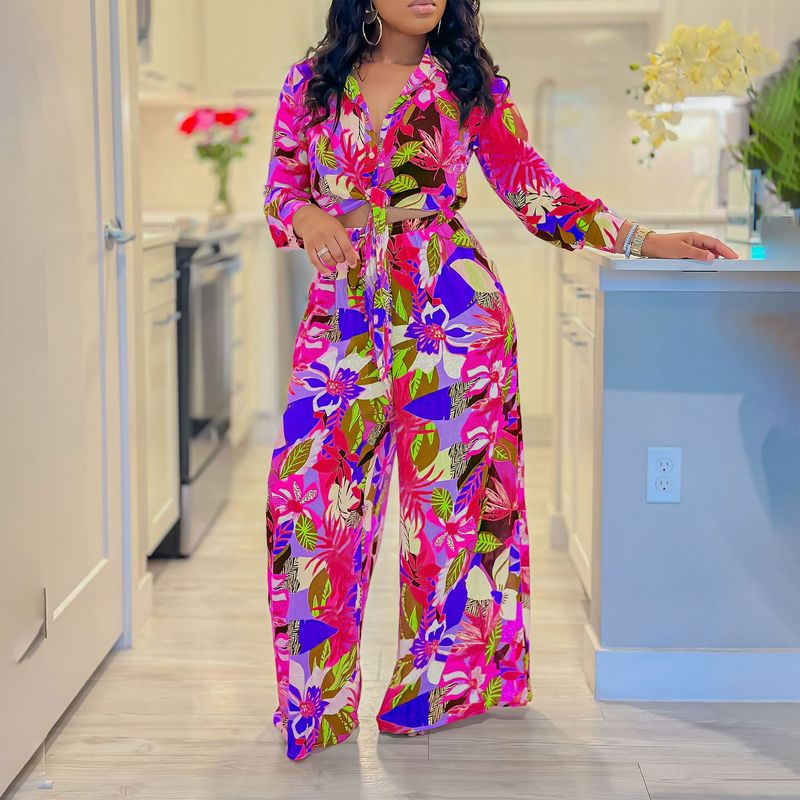 Women's Fashion Print Two-piece Lapel Tie Shirt Wide Leg Pants Suit_voghion.com