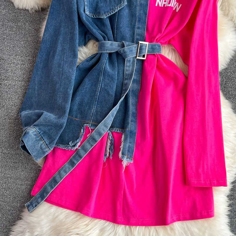 Damenbekleidung Temperament Taille mit Gürtel farblich passendes Denim lässiges mittellanges T-Shirt-Kleid_voghion.com