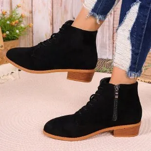 Women's Suede Short Boots With Zipper And Cross Tie Design_voghion.com